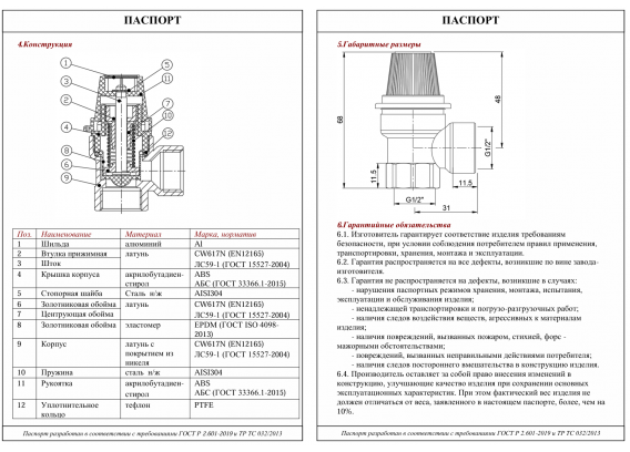 Клапан предохранительный Valtec нерегулируемый, c заводской настройкой (1,5 бар), ВВ 1/2" VT.1831.RG.11