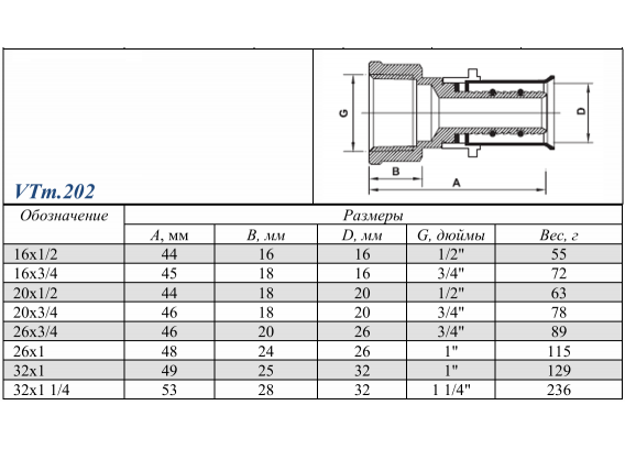 Прямая пресс-муфта Valtec 3/4" x 26 мм. с внутренней резьбой VTm.202.N.002605