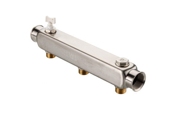 Коллектор распределительный Valtec из нержавеющей стали, 1" x 1/2" на 3 контура, с межосевым расстоянием (100 мм) VTc.510.SQ.060403