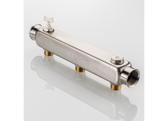 Коллектор распределительный Valtec из нержавеющей стали, 1" x 1/2" на 3 контура, с межосевым расстоянием (100 мм) VTc.510.SQ.060403