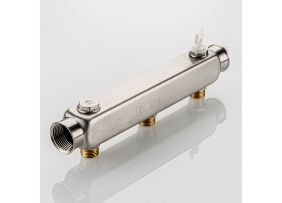 Коллектор распределительный Valtec из нержавеющей стали, 1" x 1/2" на 3 контура, с межосевым расстоянием (100 мм) VTc.510.SQ.060403