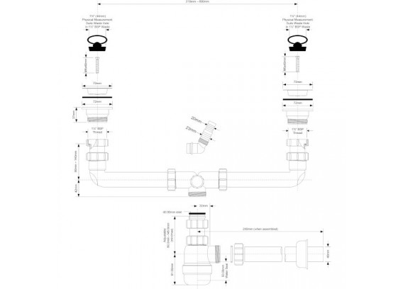 Сифон для 2-х раковин Mcalpine 1 1/2 х 40 мм бутылочный с выпуском и пробкой MRSK5