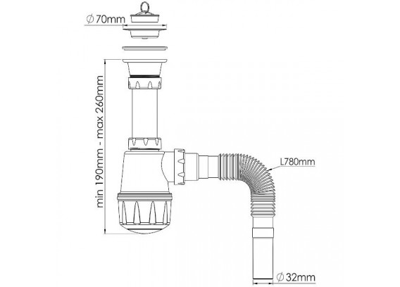Сифон для раковины Nova Novaplastik 1 1/2 х 40-50 мм с выпуском, гофрой и пробкой 1060