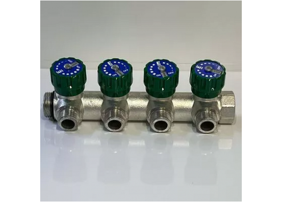 Коллектор модульный Elsen 3/4", с вентилями под 90°, 4 отвода, выход 1/2" НР ПУ, латунь с покрытием олова