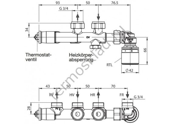 Узел нижнего подключения Oventrop Multiblock T-RTL G 3/4 НР угловой 1184016